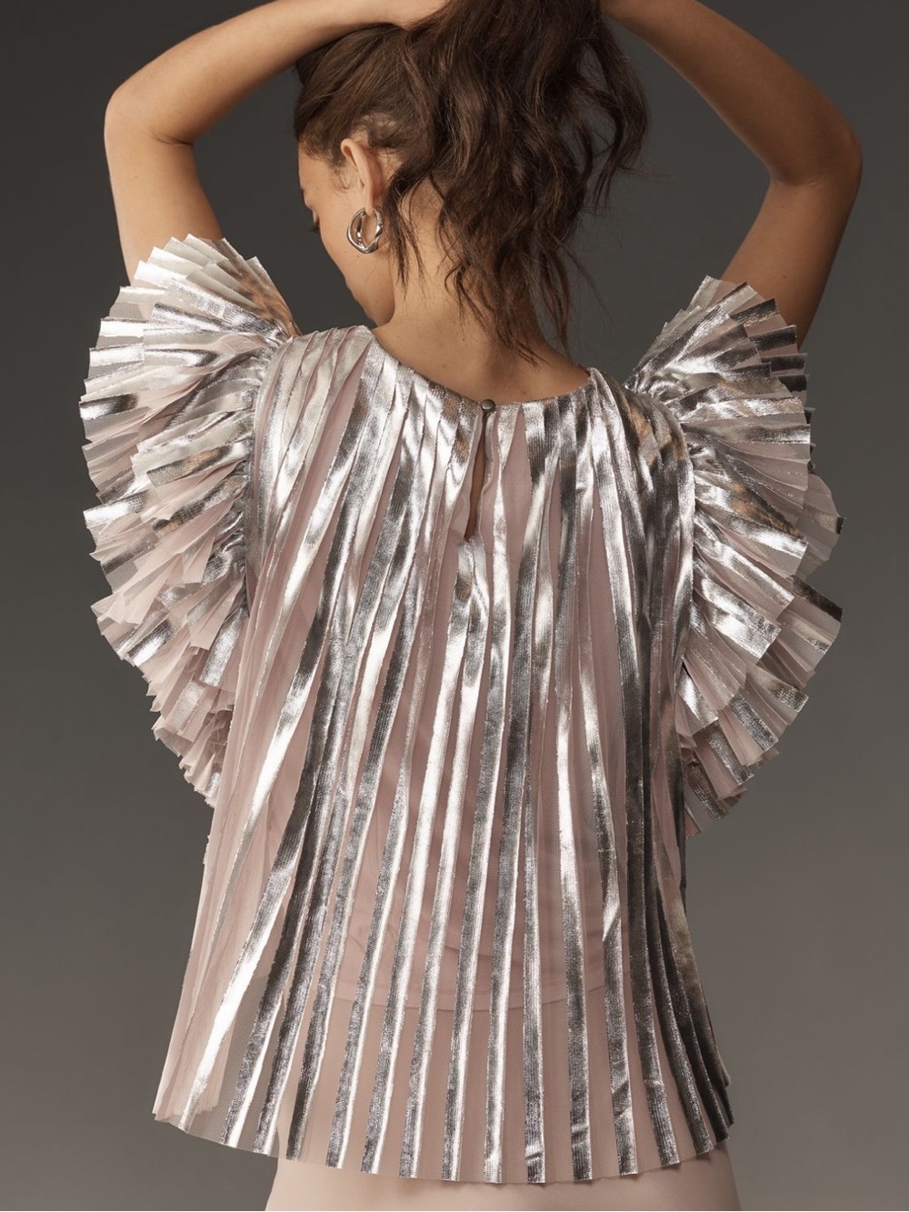 Anthropologie Flutter Sleeve Foil Pleated Top in Pink Pattern